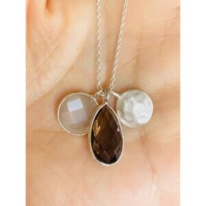 925 Sterling Silver natural faceted moonstone smoky quartz charm necklace 16”
